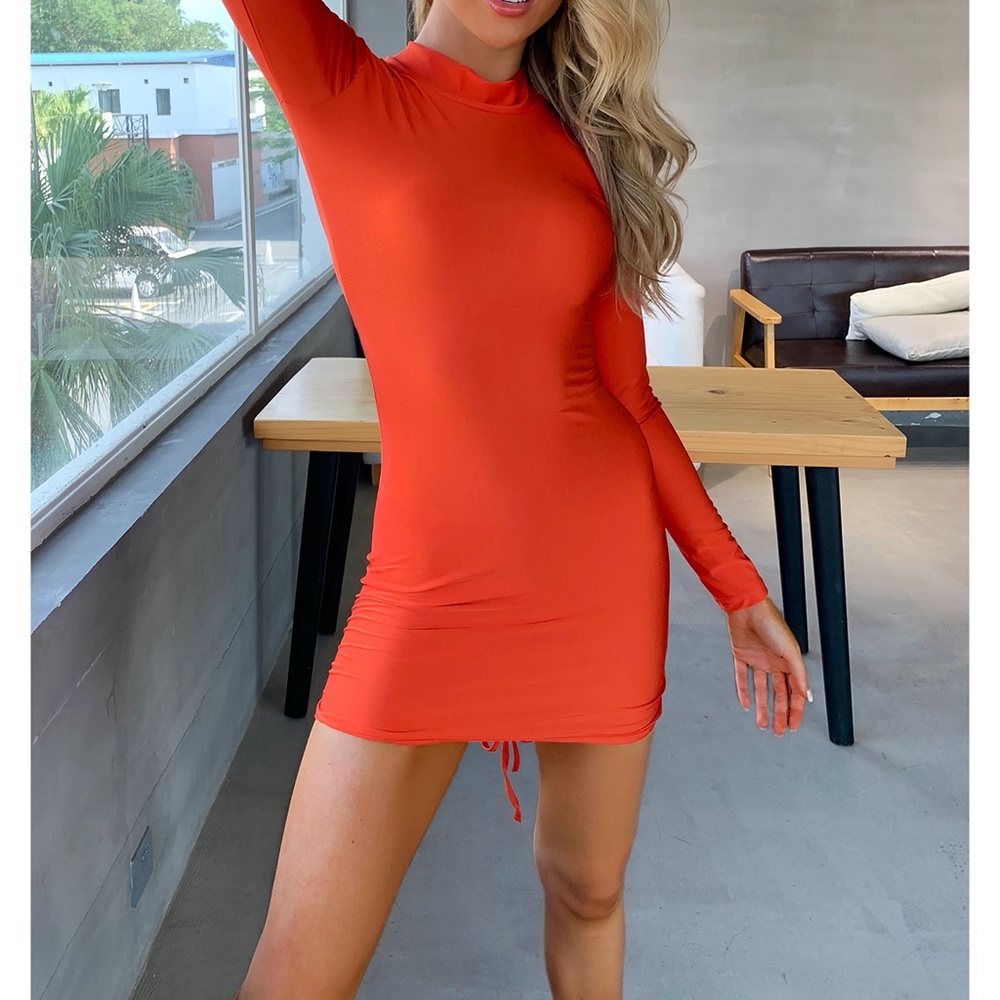 Red Long Sleeve Ruched Back Bodycon Sexy Dress - Picture 3 of 6